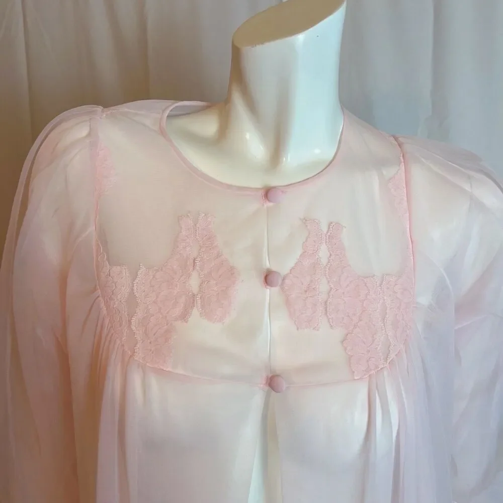 Vintage 1970s Sheer Pink Chiffon Night Gown Lace Details Coquette Size M - Picture 2 of 6